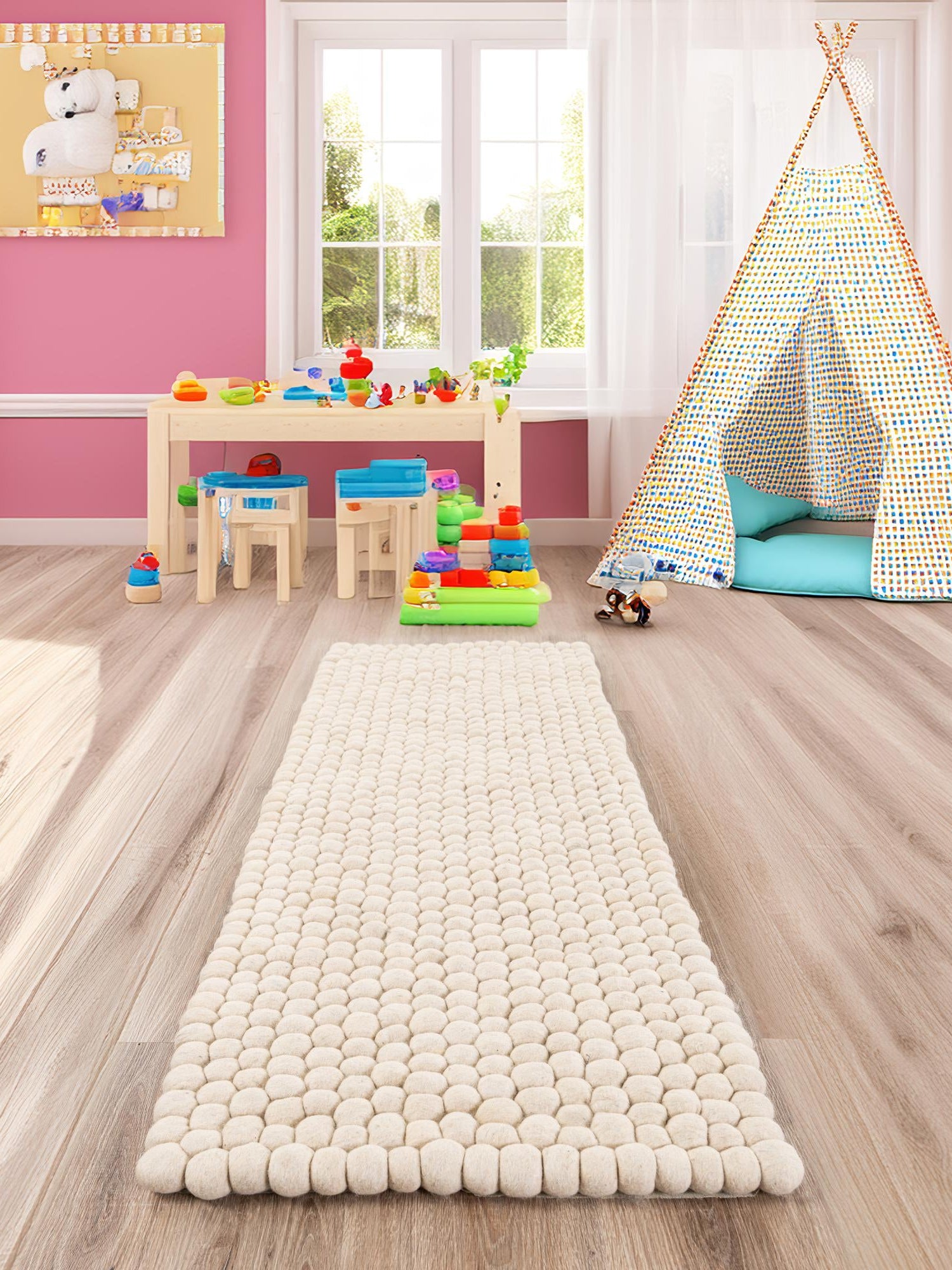 Ivory 2' 7 x 10' Felt Ball Runner Area Rug Stunning All Natural 100% Wool Luxury Hand Woven Carpet for Modern Home Interiors Soft Touch Marshmallow Rug for Sale at Rug Engine