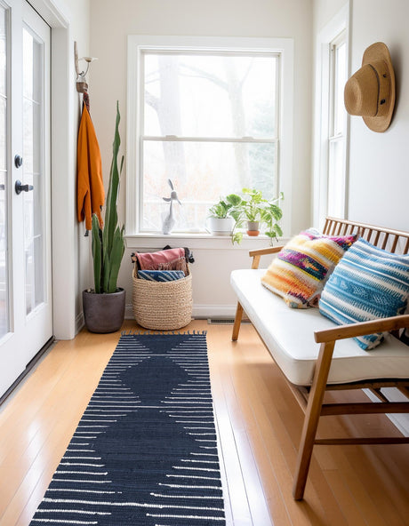 Navy Blue 2' 11 x 16' 1 Chindi Cotton Runner Area Rug Interior Design Home Decor Carpet Mat for Sale at Rug Engine