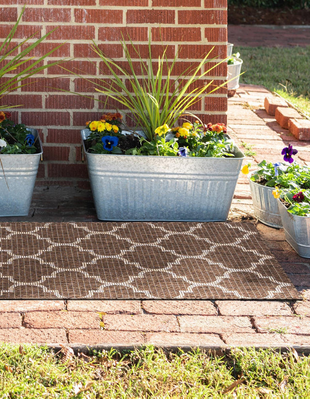 Brown 2' x 6' 1 Outdoor Trellis Runner Area Rug Weather Resistant for Patio, Deck, Terrace, Balcony, Porch Geometric Design Water Safe Outside Carpet for Sale at Rug Engine