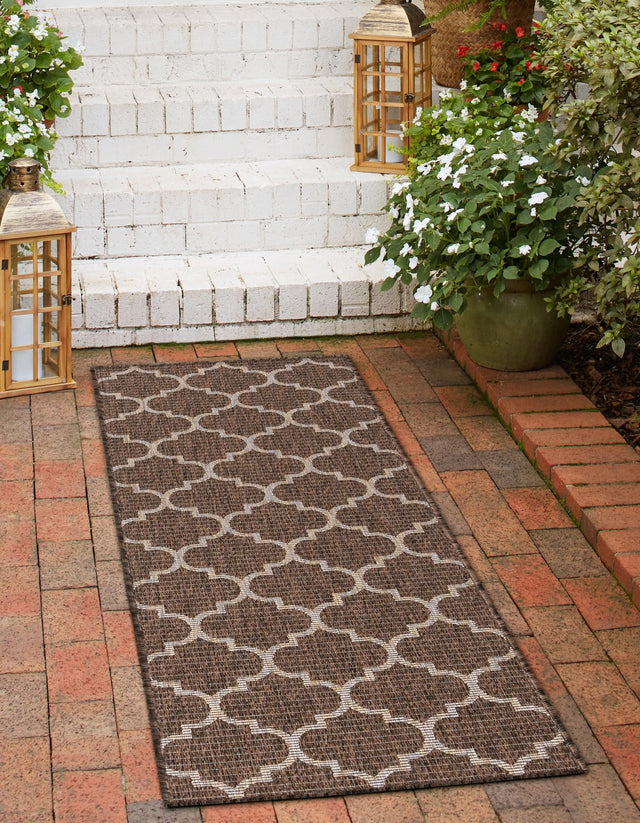 Brown 2' x 6' 1 Outdoor Trellis Runner Area Rug Weather Resistant for Patio, Deck, Terrace, Balcony, Porch Geometric Design Water Safe Outside Carpet for Sale at Rug Engine