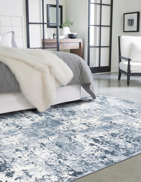 Vintage Blue 7' 1 x 10' Eos Rectangle Area Rug 100% Polypropylene Stain Resistant Carpet With Cotton Backing Marbled Design for Living, Dining Room, Office for Sale at Rug Engine