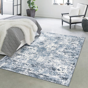 Vintage Blue 7' 1 x 10' Eos Rectangle Area Rug 100% Polypropylene Stain Resistant Carpet With Cotton Backing Marbled Design for Living, Dining Room, Office for Sale at Rug Engine