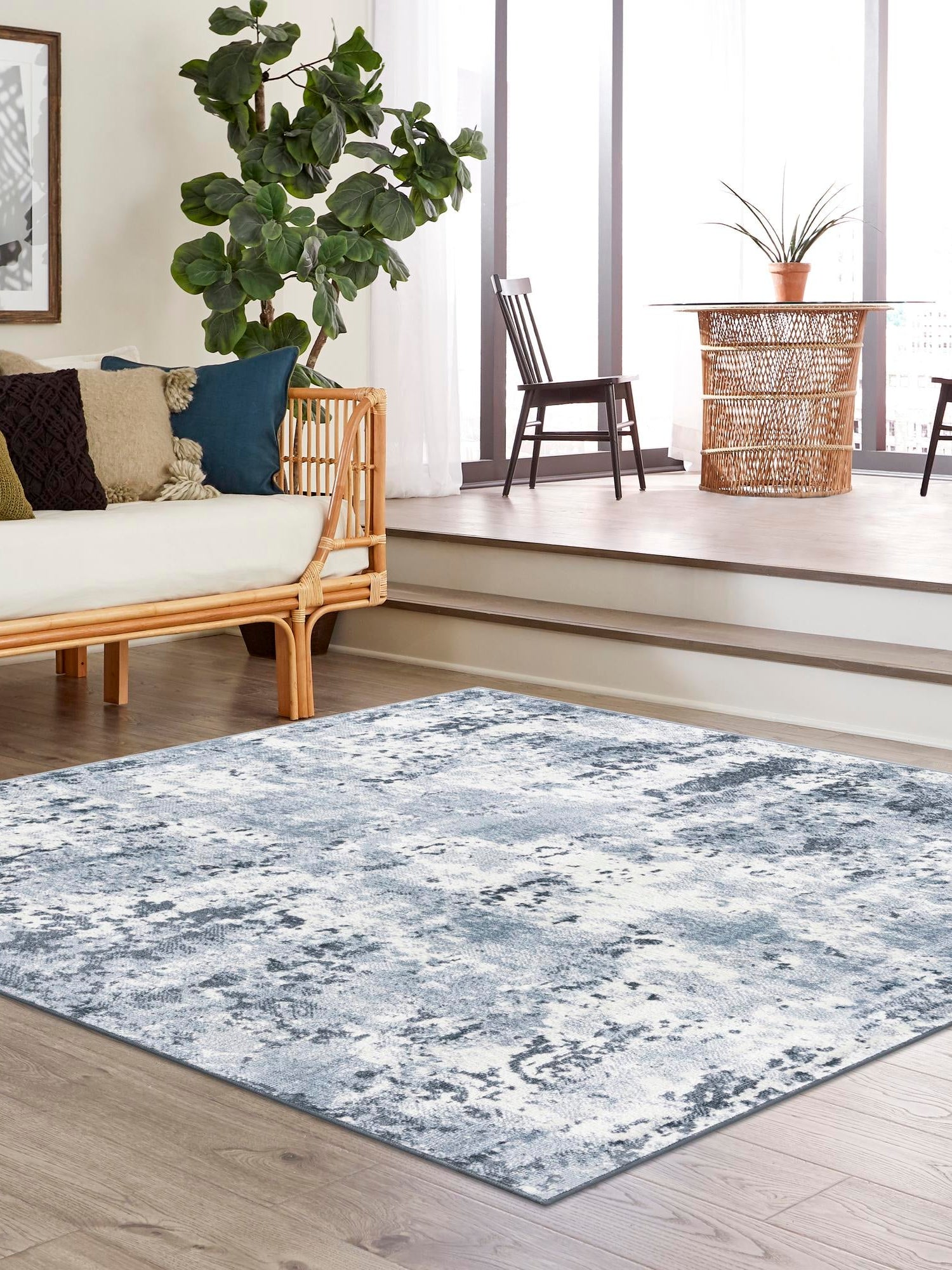 Vintage Blue 5' x 5' Eos Square Area Rug 100% Polypropylene Stain Resistant Carpet With Cotton Backing Marbled Design for Living, Dining Room, Office for Sale at Rug Engine