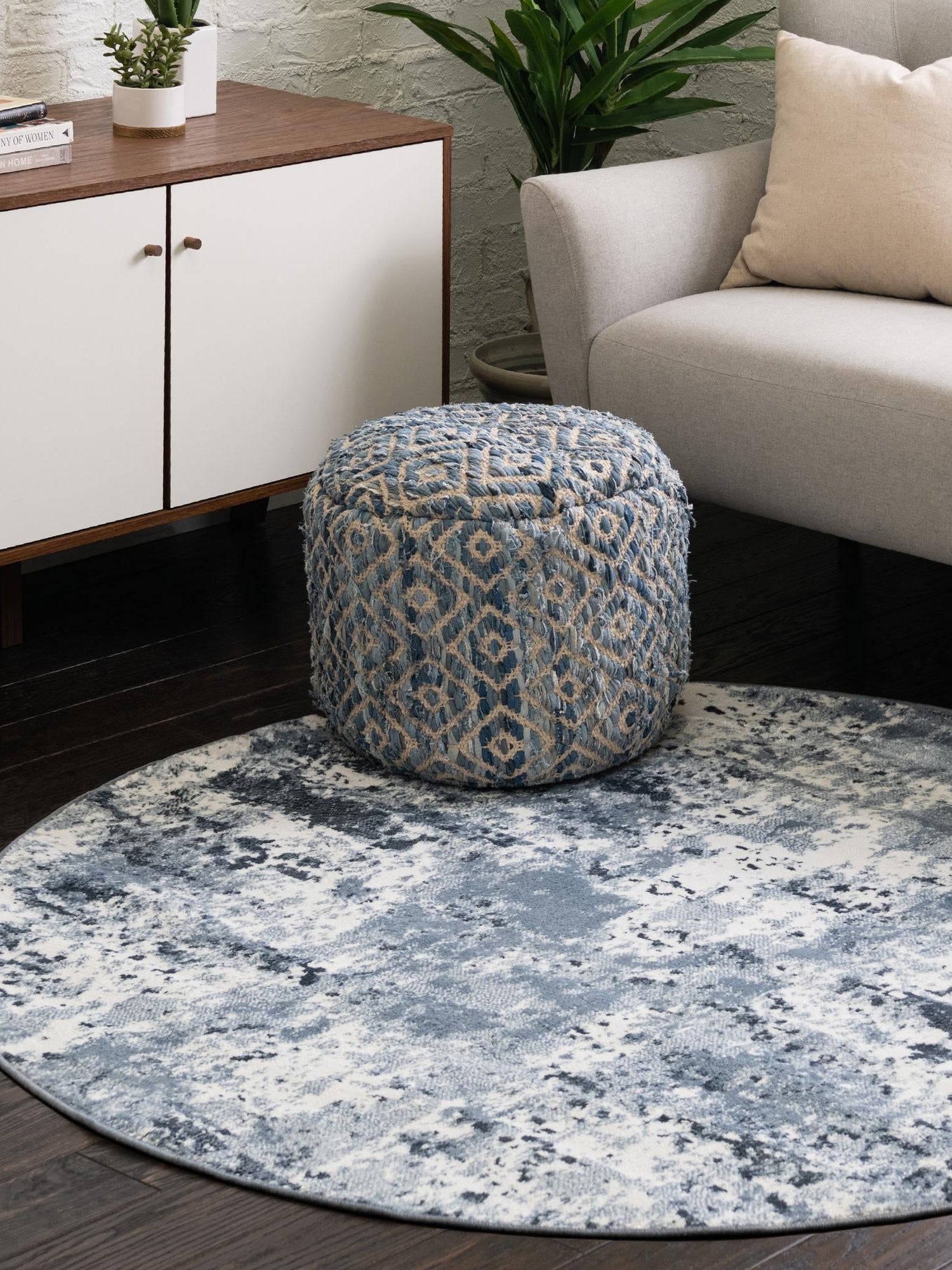 Vintage Blue 5' x 5' Eos Round Area Rug 100% Polypropylene Stain Resistant Carpet With Cotton Backing Marbled Design for Living, Dining Room, Office for Sale at Rug Engine