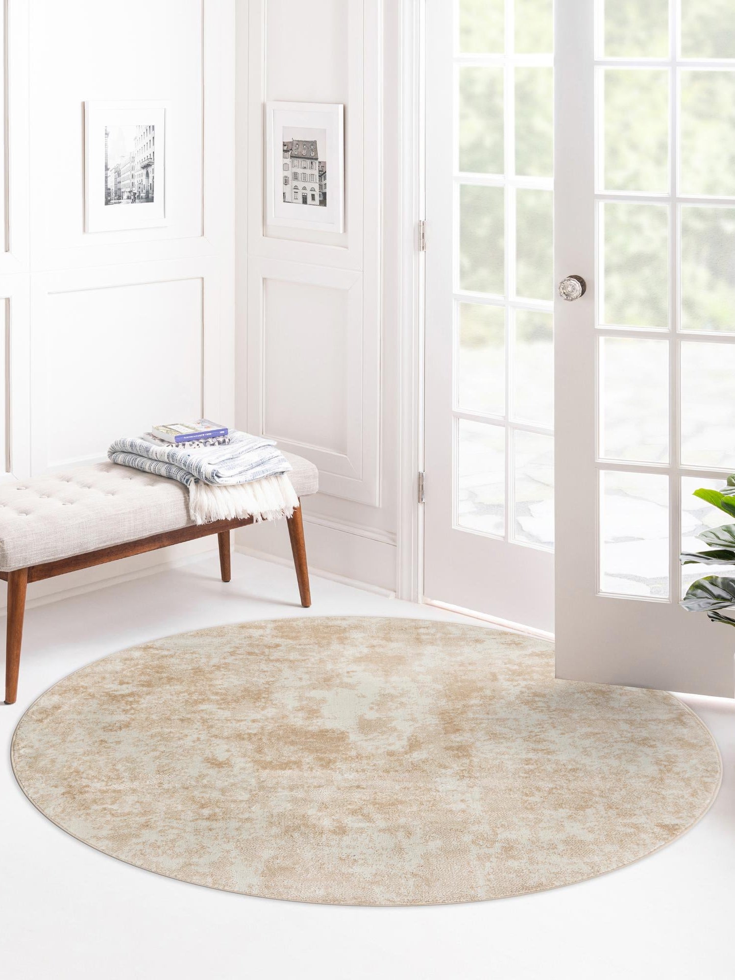 Sand 7' x 7' Eos Round Area Rug 100% Polypropylene Stain Resistant Carpet With Cotton Backing Marbled Design for Living, Dining Room, Office for Sale at Rug Engine