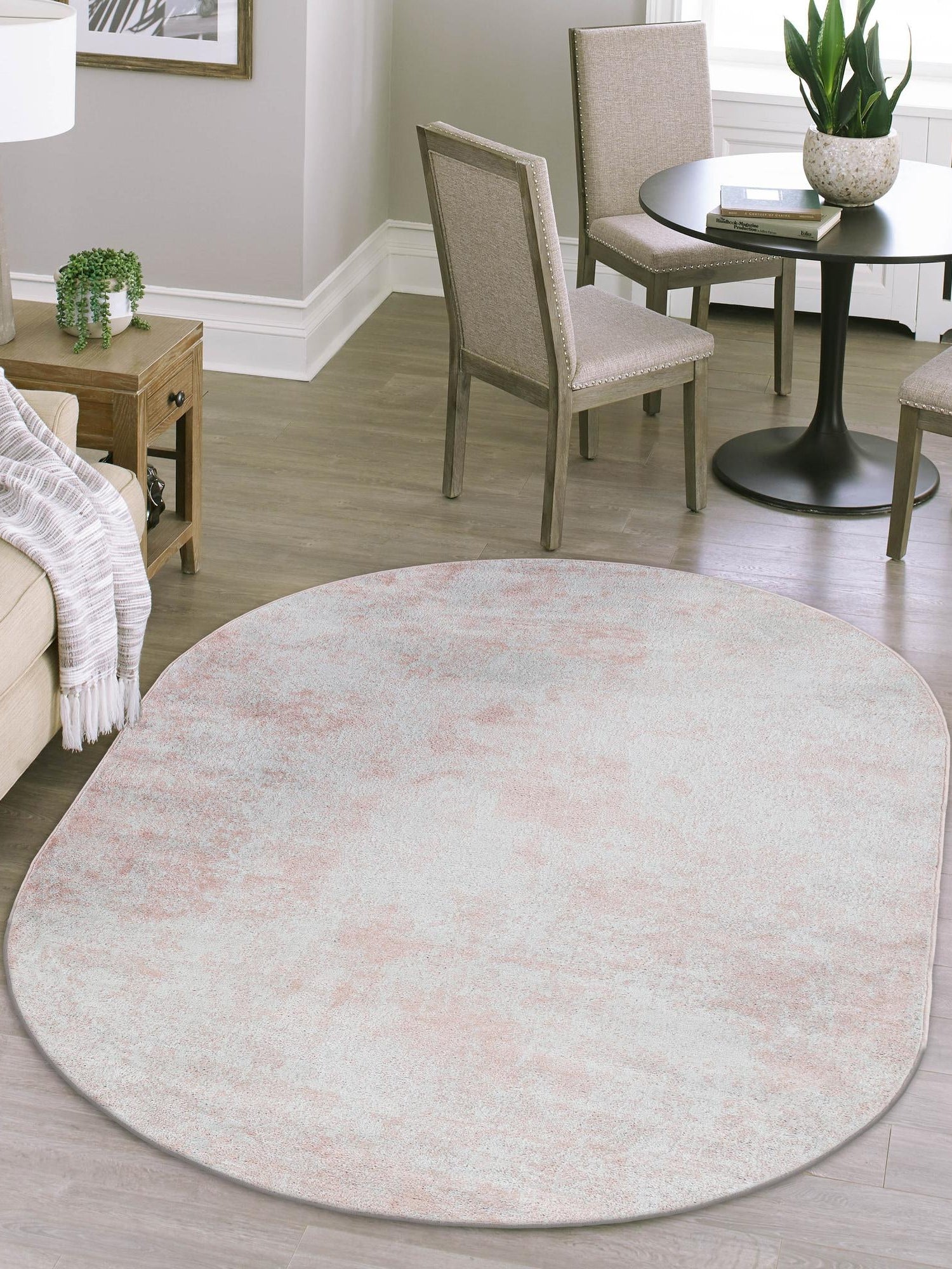 Carnation Pink 4' 1 x 6' 1 Eos Oval Area Rug 100% Polypropylene Stain Resistant Carpet With Cotton Backing Marbled Design for Living, Dining Room, Office for Sale at Rug Engine