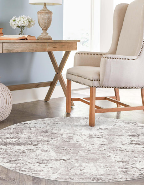 Stone Gray 7' 1 x 7' 1 Eos Round Area Rug 100% Polypropylene Stain Resistant Carpet With Cotton Backing Marbled Design for Living, Dining Room, Office for Sale at Rug Engine