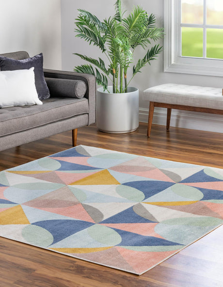 Multicolor 6' x 6' Lotus Square Area Rug 100% Polypropylene Modern Contemporary Colorful Carpet Easy Clean for Living Room, Kitchen, Dining, Office for Sale at Rug Engine