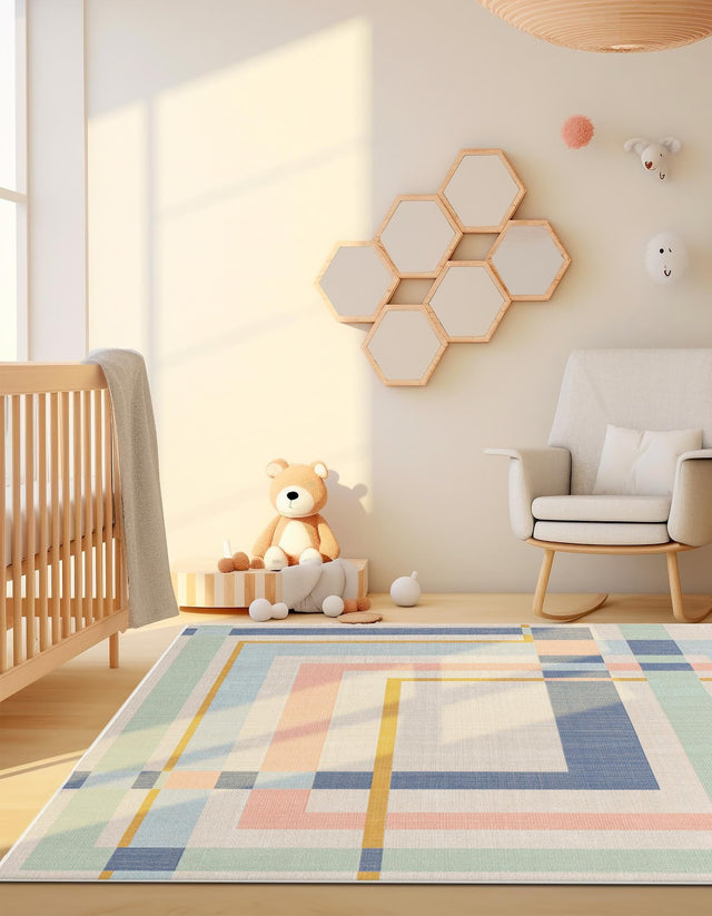 Multicolor 4' 1 x 6' 1 Lotus Rectangle Area Rug 100% Polypropylene Modern Contemporary Colorful Carpet Easy Clean for Living Room, Kitchen, Dining, Office for Sale at Rug Engine
