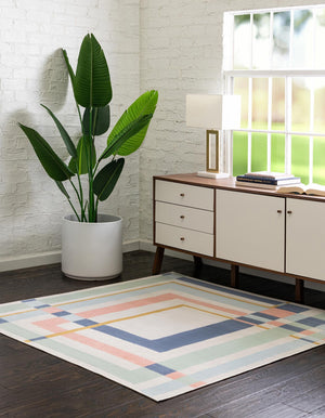 Multicolor 5' x 5' Lotus Square Area Rug 100% Polypropylene Modern Contemporary Colorful Carpet Easy Clean for Living Room, Kitchen, Dining, Office for Sale at Rug Engine