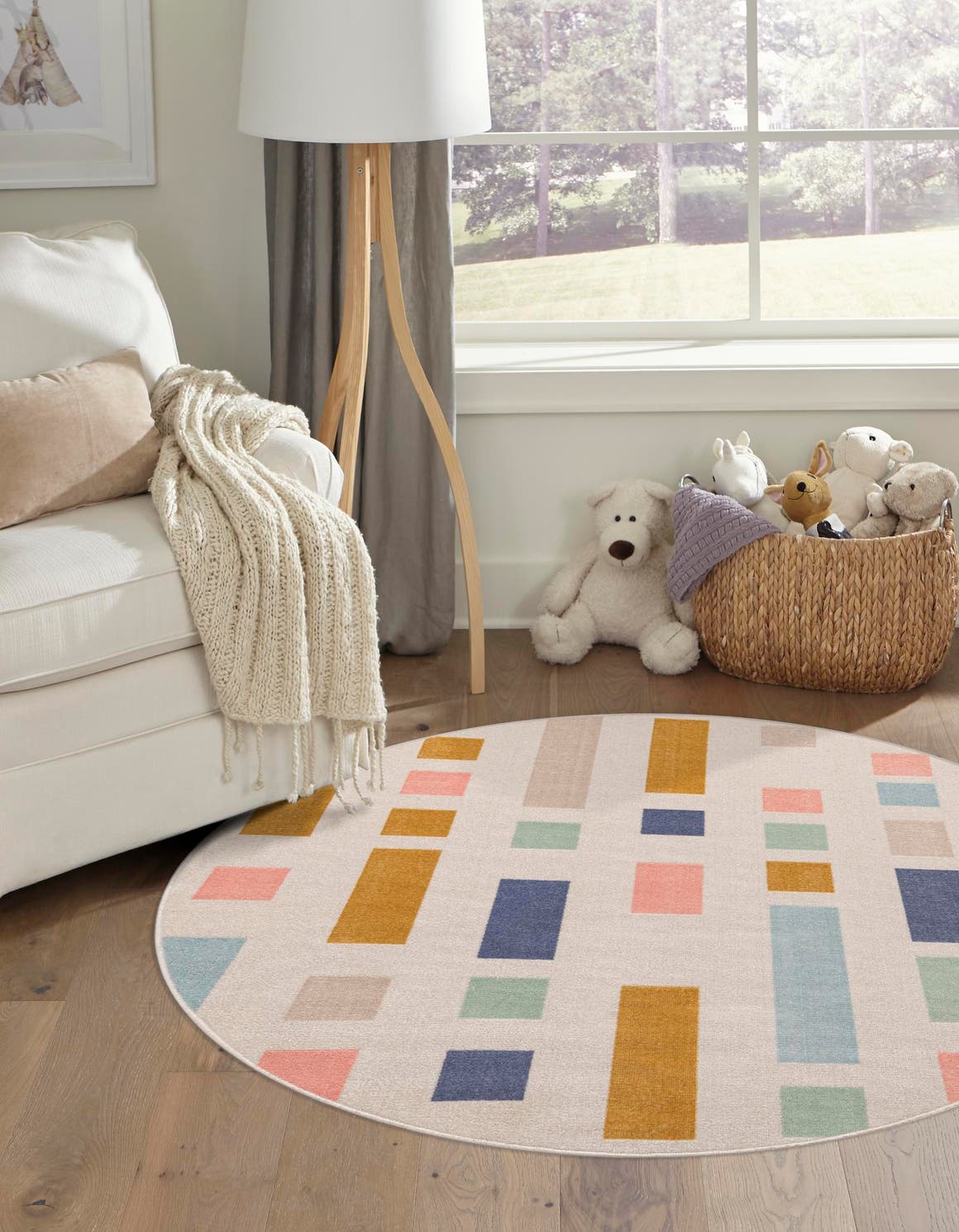 Multicolor 5' x 5' Lotus Round Area Rug 100% Polypropylene Modern Contemporary Colorful Carpet Easy Clean for Living Room, Kitchen, Dining, Office for Sale at Rug Engine