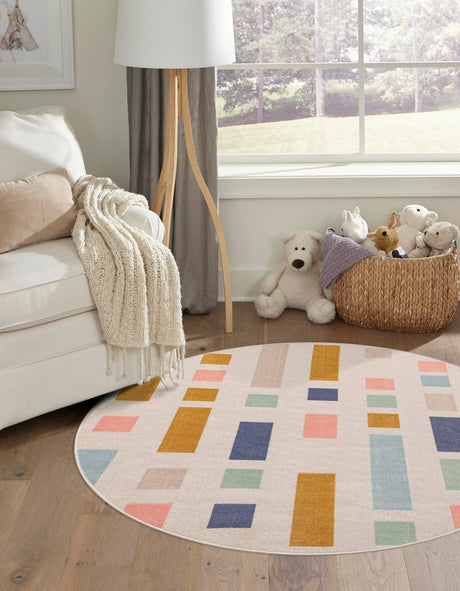 Multicolor 5' x 5' Lotus Round Area Rug 100% Polypropylene Modern Contemporary Colorful Carpet Easy Clean for Living Room, Kitchen, Dining, Office for Sale at Rug Engine