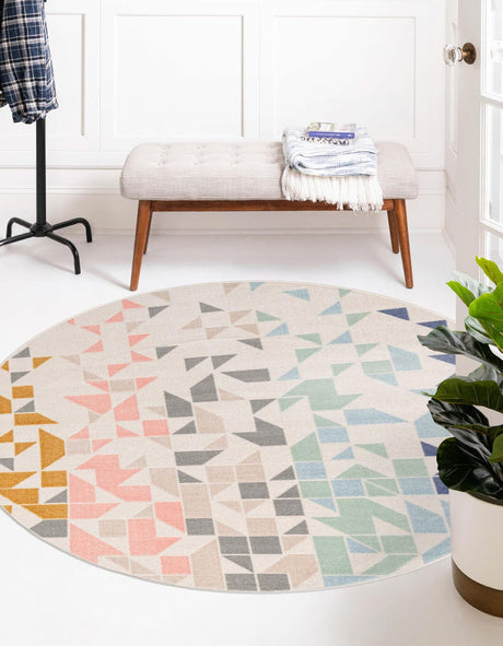 Multicolor 7' 1 x 7' 1 Lotus Round Area Rug 100% Polypropylene Modern Contemporary Colorful Carpet Easy Clean for Living Room, Kitchen, Dining, Office for Sale at Rug Engine