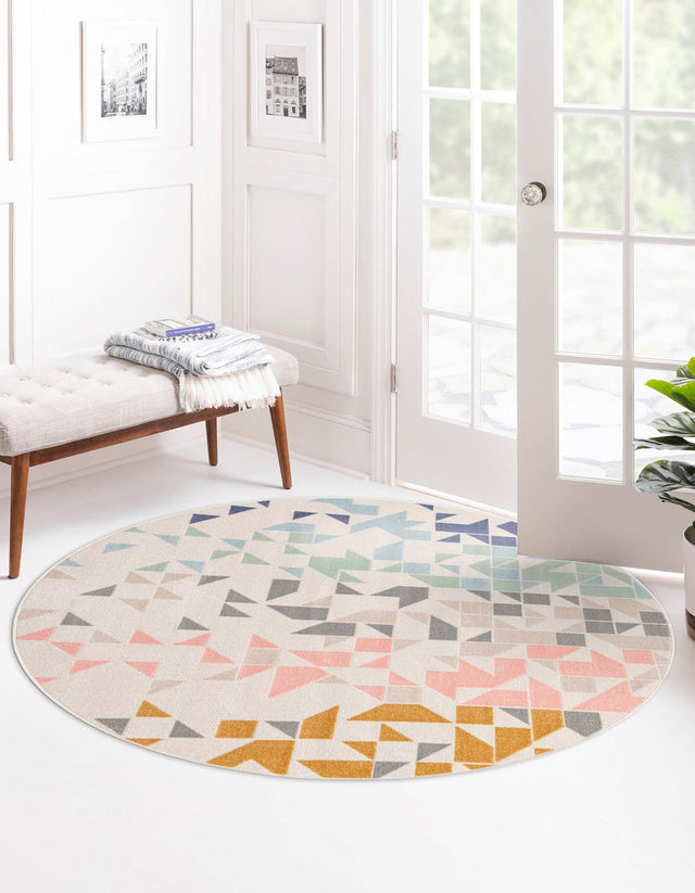 Multicolor 7' 1 x 7' 1 Lotus Round Area Rug 100% Polypropylene Modern Contemporary Colorful Carpet Easy Clean for Living Room, Kitchen, Dining, Office for Sale at Rug Engine