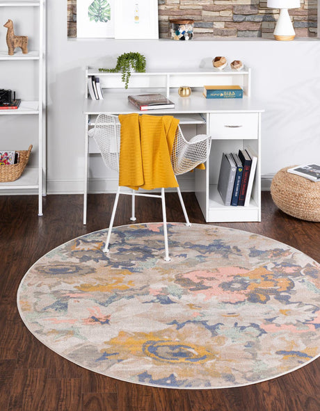 Multicolor 3' 3 x 3' 3 Lotus Round Area Rug 100% Polypropylene Modern Contemporary Colorful Carpet Easy Clean for Living Room, Kitchen, Dining, Office for Sale at Rug Engine