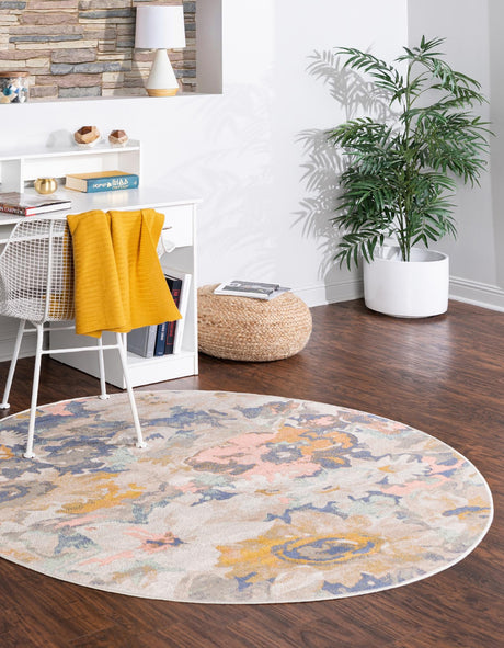 Multicolor 3' 3 x 3' 3 Lotus Round Area Rug 100% Polypropylene Modern Contemporary Colorful Carpet Easy Clean for Living Room, Kitchen, Dining, Office for Sale at Rug Engine