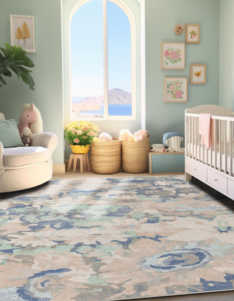 Blue 4' 1 x 6' 1 Lotus Rectangle Area Rug 100% Polypropylene Modern Contemporary Colorful Carpet Easy Clean for Living Room, Kitchen, Dining, Office for Sale at Rug Engine