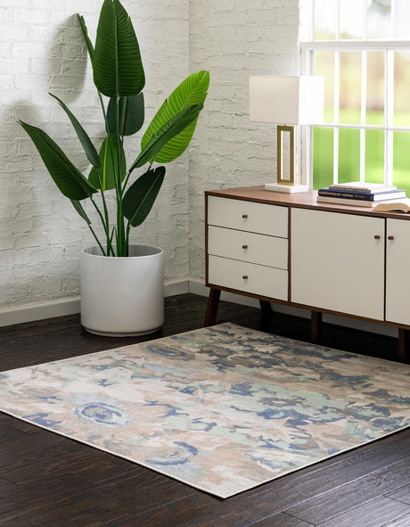 Blue 6' x 6' Lotus Square Area Rug 100% Polypropylene Modern Contemporary Colorful Carpet Easy Clean for Living Room, Kitchen, Dining, Office for Sale at Rug Engine