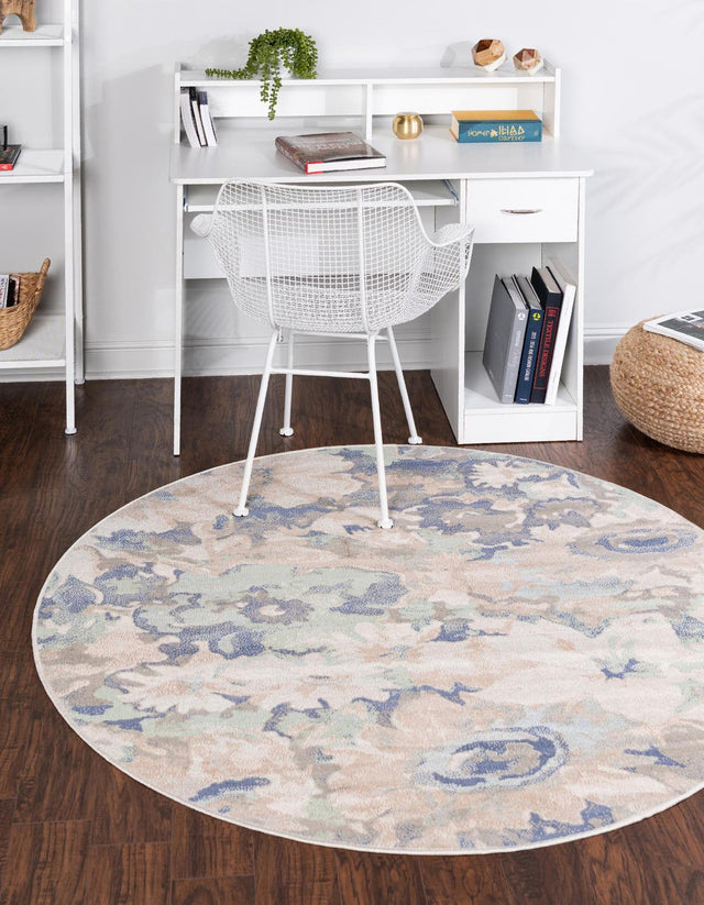 Blue 5' 3 x 5' 3 Lotus Round Area Rug 100% Polypropylene Modern Contemporary Colorful Carpet Easy Clean for Living Room, Kitchen, Dining, Office for Sale at Rug Engine
