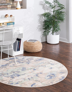 Blue 5' 3 x 5' 3 Lotus Round Area Rug 100% Polypropylene Modern Contemporary Colorful Carpet Easy Clean for Living Room, Kitchen, Dining, Office for Sale at Rug Engine