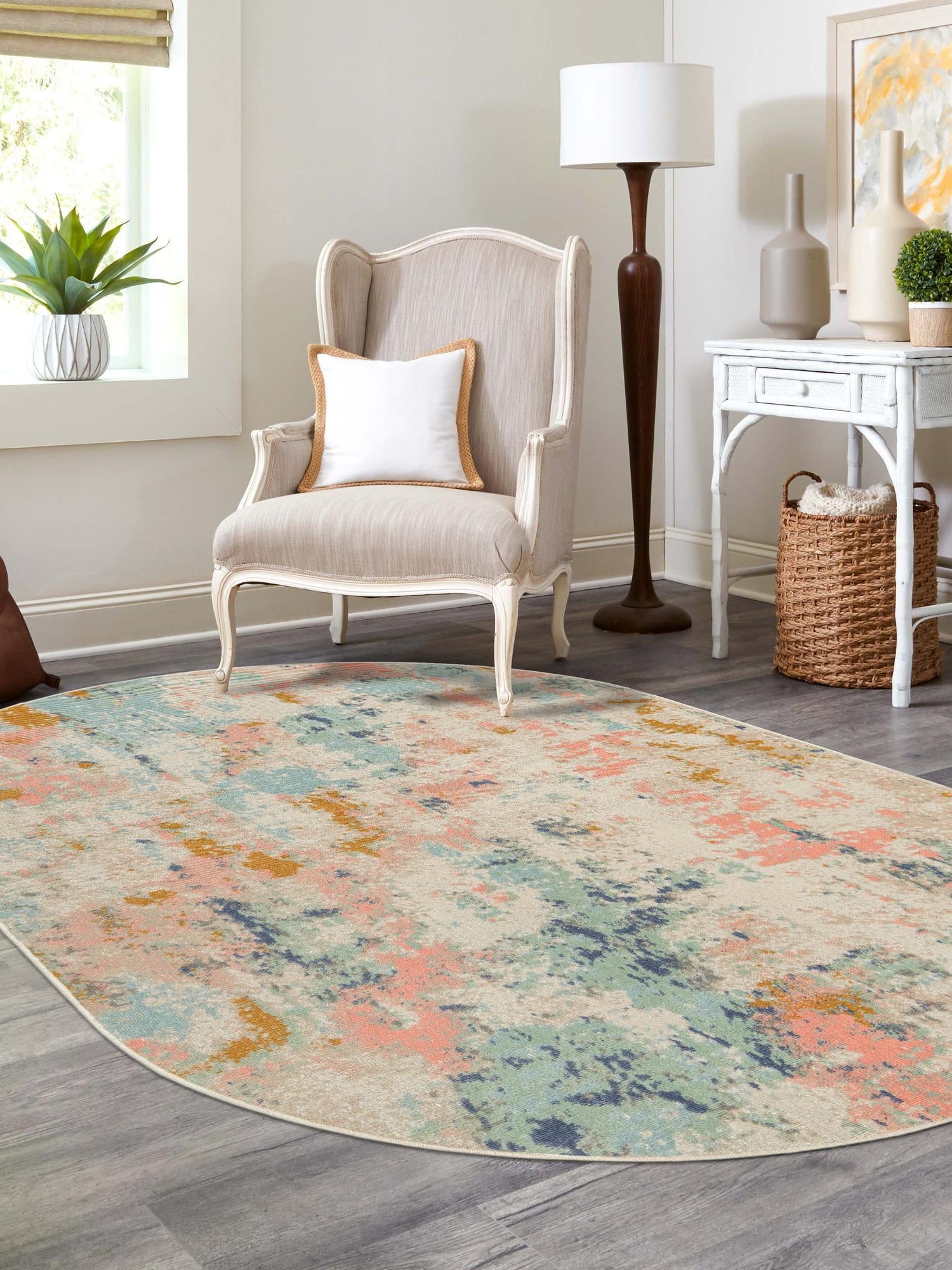 Multicolor 5' x 8' Lotus Oval Area Rug 100% Polypropylene Modern Contemporary Colorful Carpet Easy Clean for Living Room, Kitchen, Dining, Office for Sale at Rug Engine