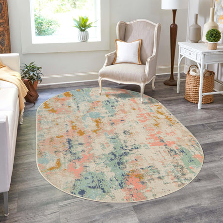 Multicolor 5' x 8' Lotus Oval Area Rug 100% Polypropylene Modern Contemporary Colorful Carpet Easy Clean for Living Room, Kitchen, Dining, Office for Sale at Rug Engine