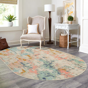 Multicolor 5' x 8' Lotus Oval Area Rug 100% Polypropylene Modern Contemporary Colorful Carpet Easy Clean for Living Room, Kitchen, Dining, Office for Sale at Rug Engine