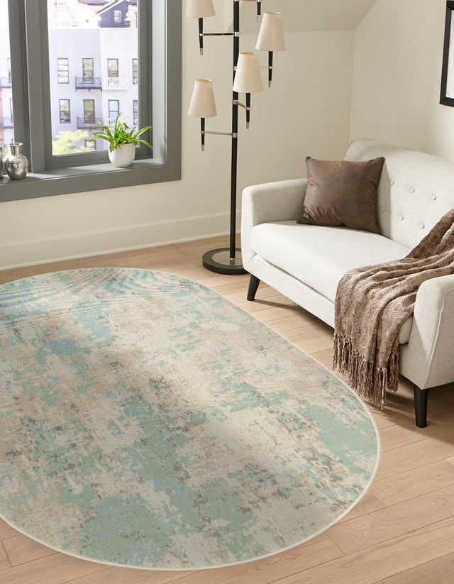 Teal 5' x 8' Lotus Oval Area Rug 100% Polypropylene Modern Contemporary Colorful Carpet Easy Clean for Living Room, Kitchen, Dining, Office for Sale at Rug Engine