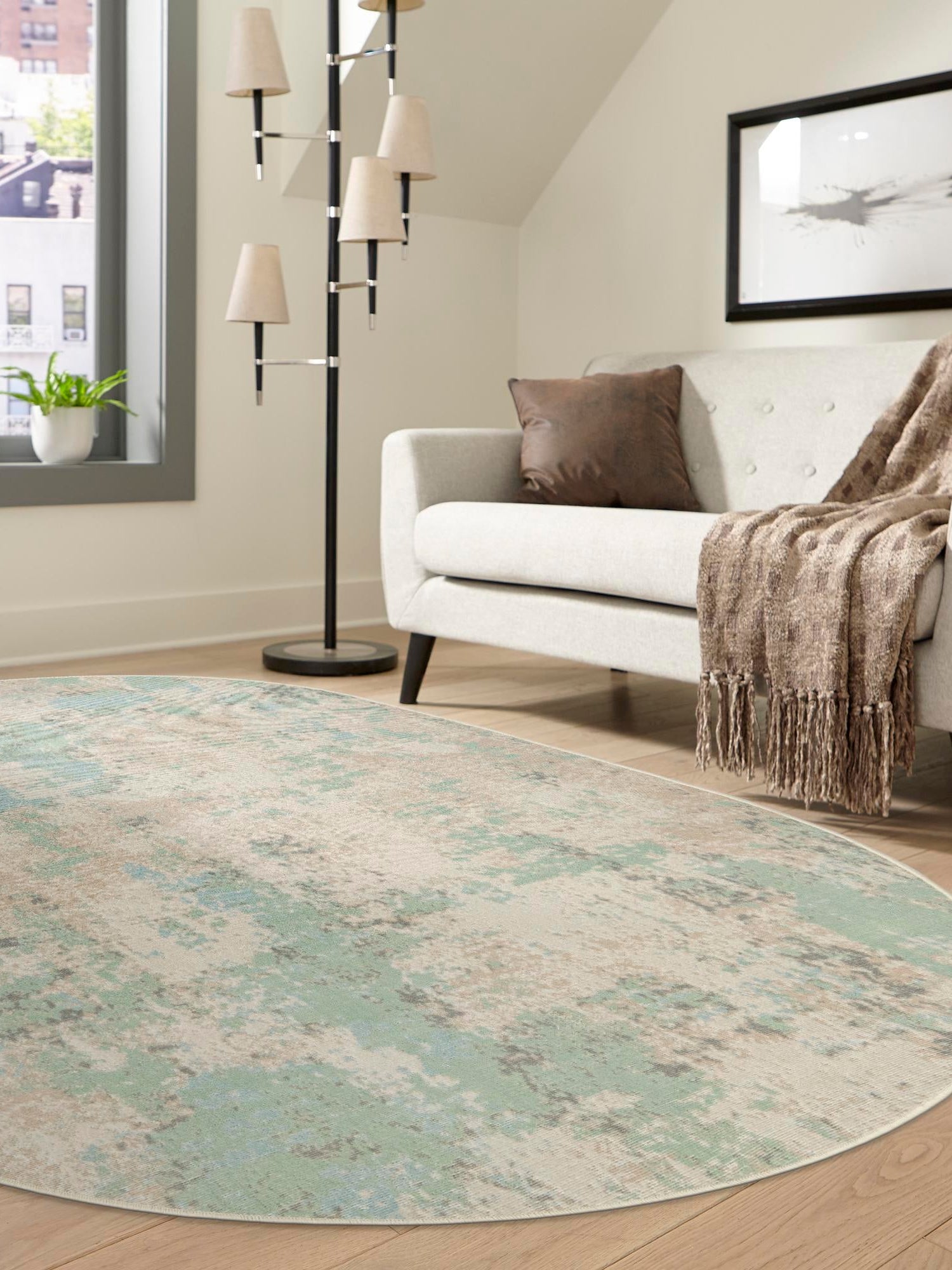 Teal 4' 1 x 6' 1 Lotus Oval Area Rug 100% Polypropylene Modern Contemporary Colorful Carpet Easy Clean for Living Room, Kitchen, Dining, Office for Sale at Rug Engine