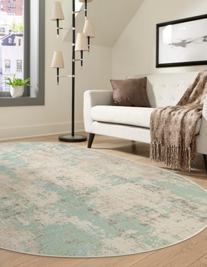 Teal 4' 1 x 6' 1 Lotus Oval Area Rug 100% Polypropylene Modern Contemporary Colorful Carpet Easy Clean for Living Room, Kitchen, Dining, Office for Sale at Rug Engine