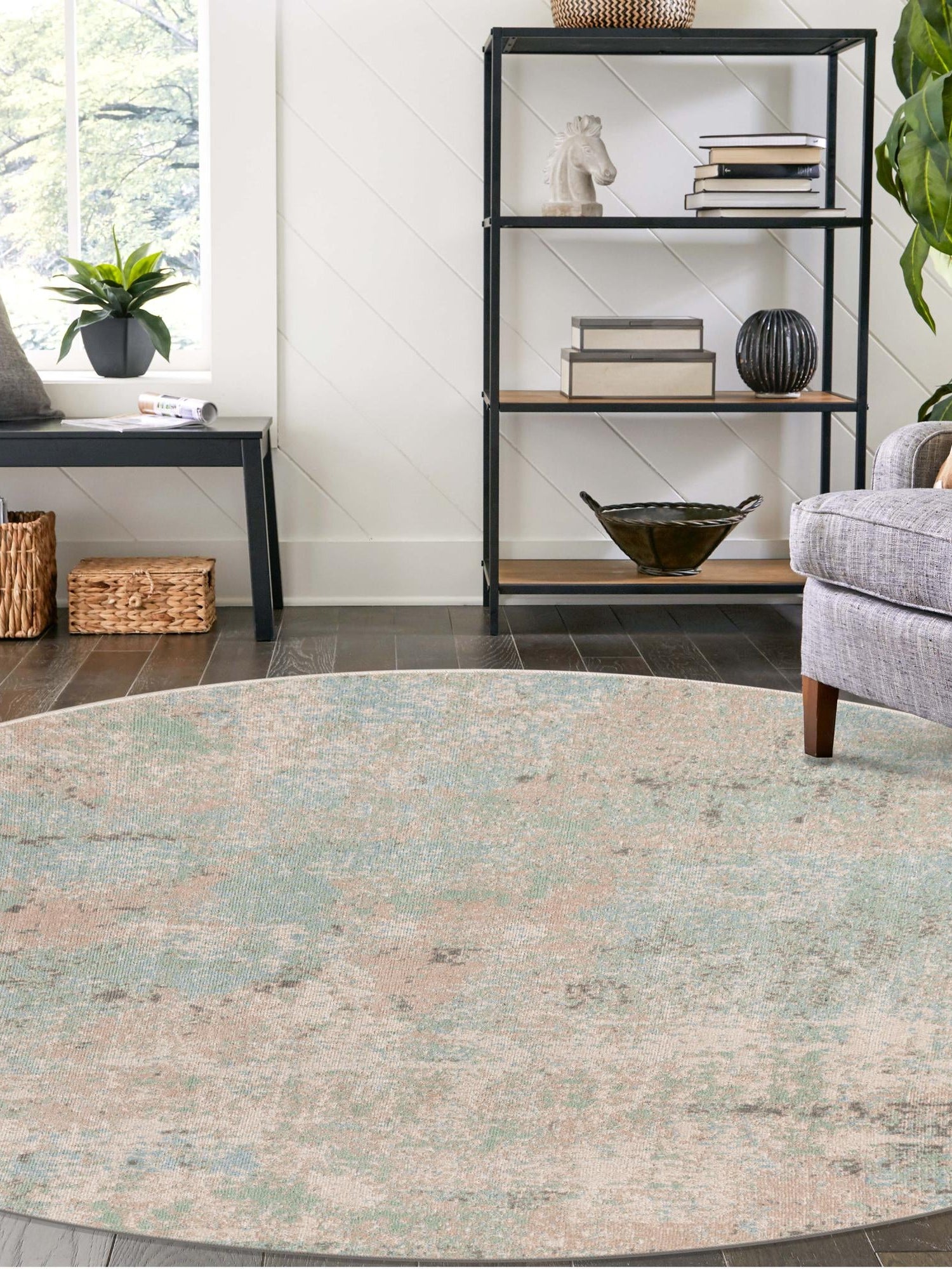 Teal 5' x 5' Lotus Round Area Rug 100% Polypropylene Modern Contemporary Colorful Carpet Easy Clean for Living Room, Kitchen, Dining, Office for Sale at Rug Engine