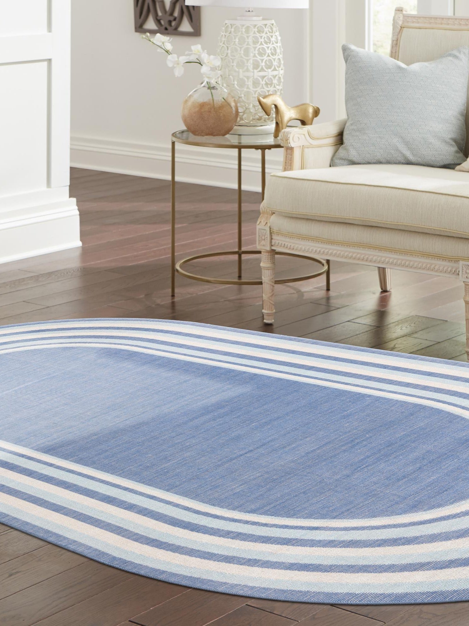 Blue 4' 1 x 6' 1 Lotus Oval Area Rug 100% Polypropylene Modern Contemporary Colorful Carpet Easy Clean for Living Room, Kitchen, Dining, Office for Sale at Rug Engine