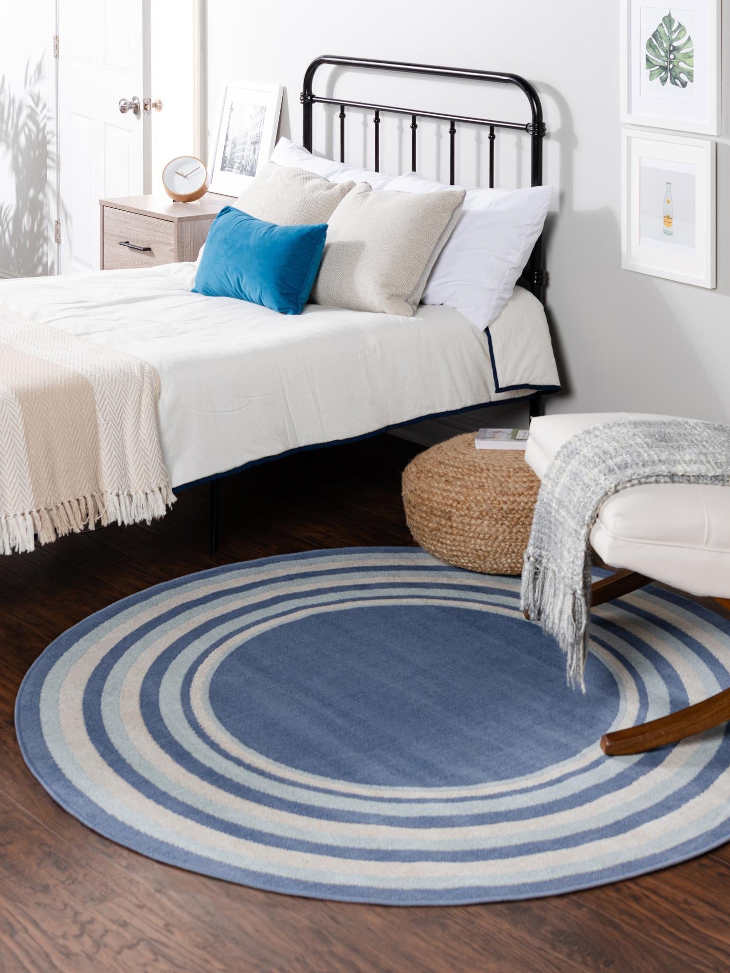 Blue 3' 3 x 3' 3 Lotus Round Area Rug 100% Polypropylene Modern Contemporary Colorful Carpet Easy Clean for Living Room, Kitchen, Dining, Office for Sale at Rug Engine