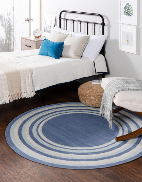 Blue 6' 1 x 6' 1 Lotus Round Area Rug 100% Polypropylene Modern Contemporary Colorful Carpet Easy Clean for Living Room, Kitchen, Dining, Office for Sale at Rug Engine