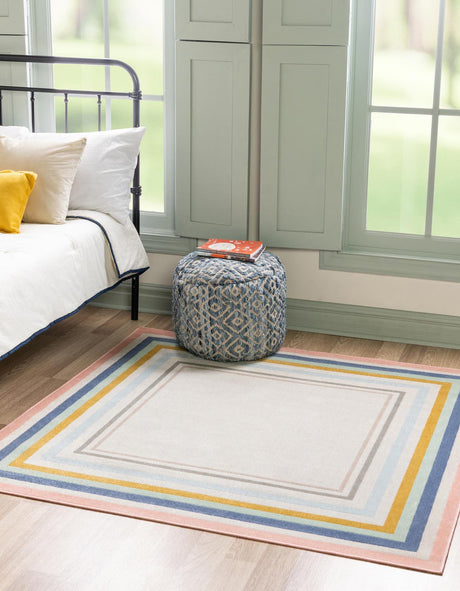 Multicolor 5' x 5' Lotus Square Area Rug 100% Polypropylene Modern Contemporary Colorful Carpet Easy Clean for Living Room, Kitchen, Dining, Office for Sale at Rug Engine