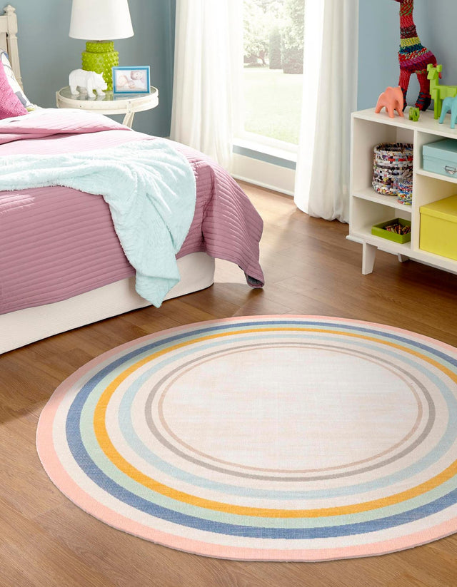Multicolor 5' 3 x 5' 3 Lotus Round Area Rug 100% Polypropylene Modern Contemporary Colorful Carpet Easy Clean for Living Room, Kitchen, Dining, Office for Sale at Rug Engine