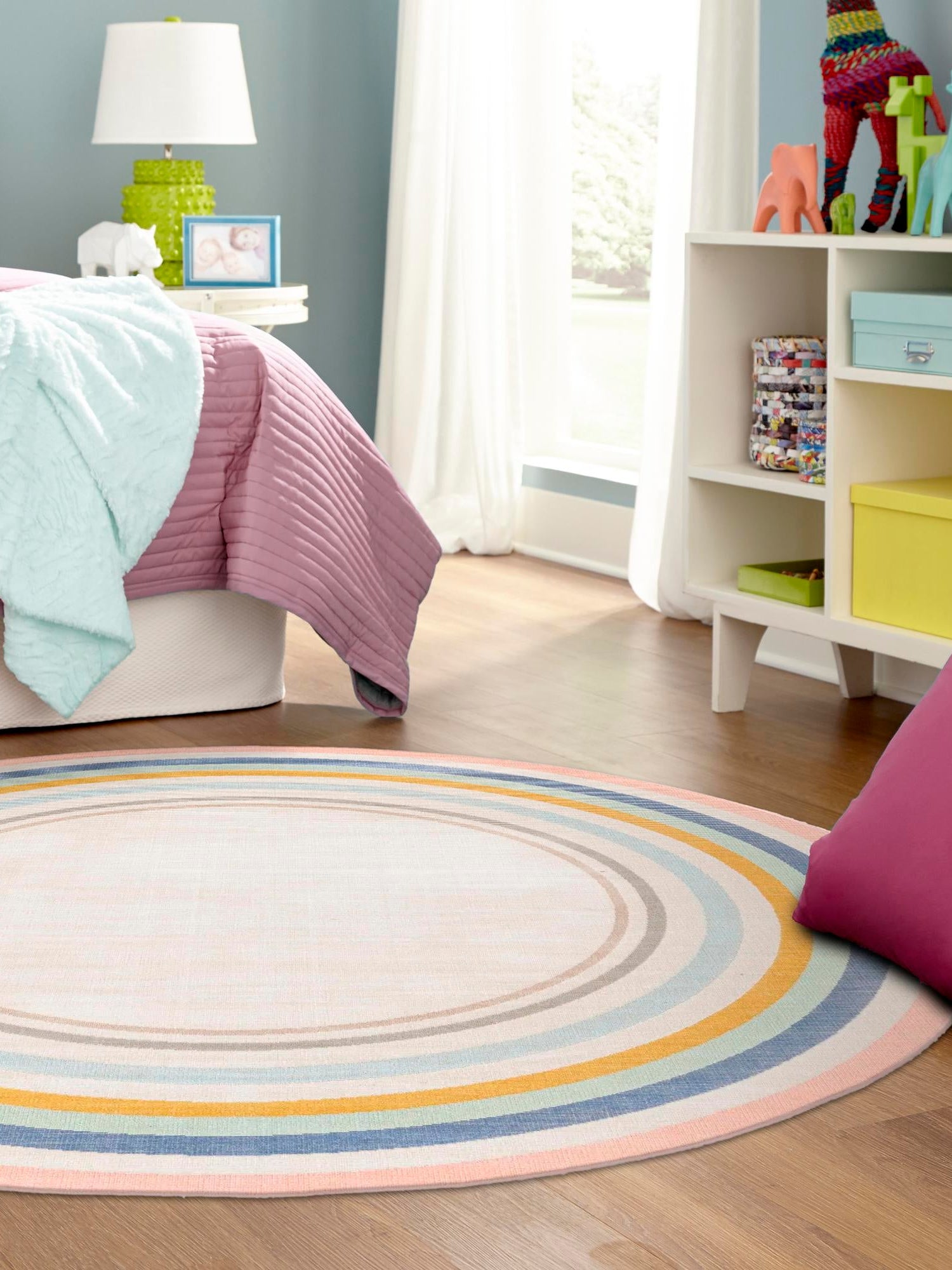 Multicolor 7' x 7' Lotus Round Area Rug 100% Polypropylene Modern Contemporary Colorful Carpet Easy Clean for Living Room, Kitchen, Dining, Office for Sale at Rug Engine