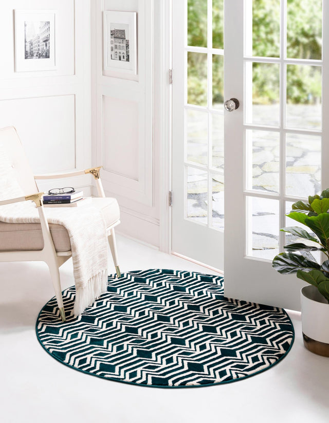 Teal 4' x 4' Vince Camuto Round Area Rug Durable Easy Clean Modern Carpet for Unique Home Interior Decorating for Sale at Rug Engine