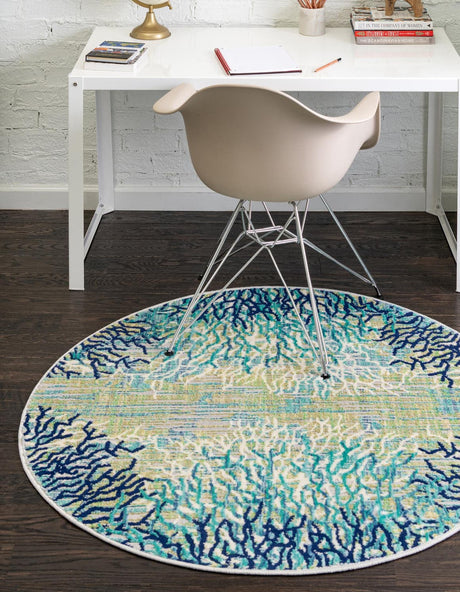 Blue 7' x 7' Ariel Round Area Rug 70% Polypropylene & 30% Polyester Easy Clean Living Room Bedroom Dining Office Carpet for Sale at Rug Engine