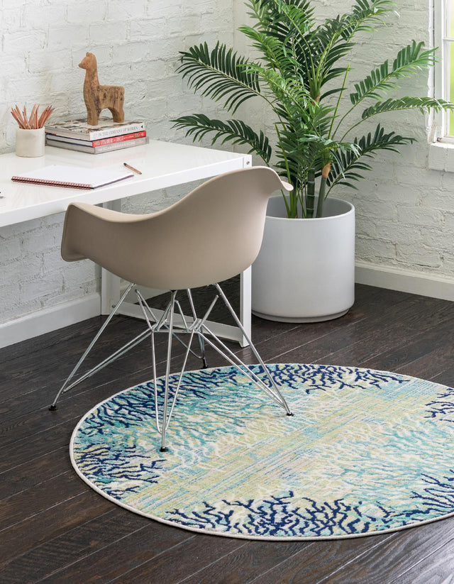 Blue 7' x 7' Ariel Round Area Rug 70% Polypropylene & 30% Polyester Easy Clean Living Room Bedroom Dining Office Carpet for Sale at Rug Engine