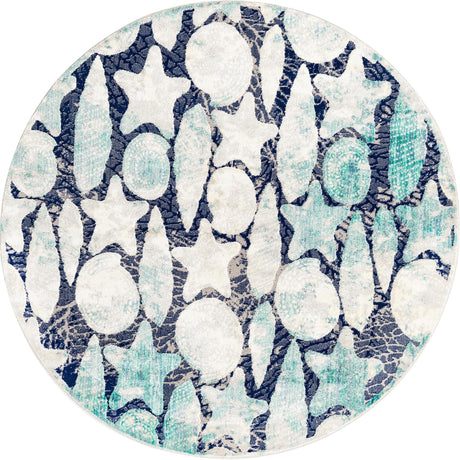 Blue 7' x 7' Ariel Round Area Rug 70% Polypropylene & 30% Polyester Easy Clean Living Room Bedroom Dining Office Carpet for Sale at Rug Engine