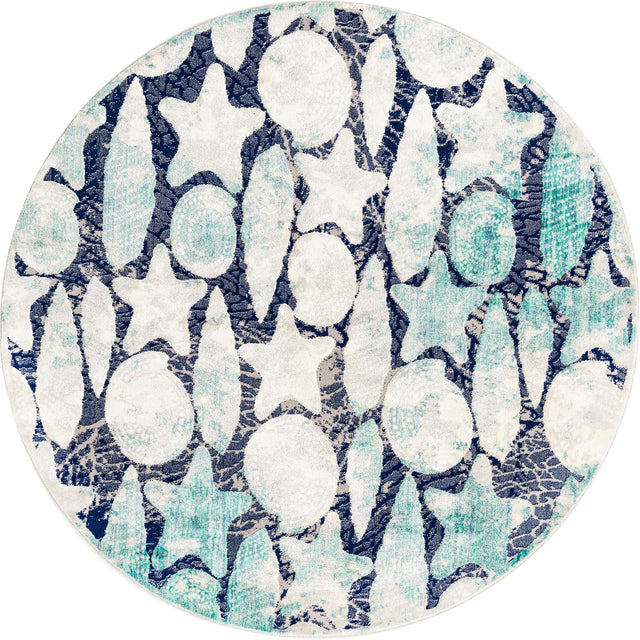 Blue 7' x 7' Ariel Round Area Rug 70% Polypropylene & 30% Polyester Easy Clean Living Room Bedroom Dining Office Carpet for Sale at Rug Engine