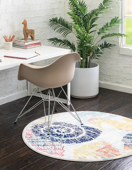 Multicolor 7' x 7' Ariel Round Area Rug 70% Polypropylene & 30% Polyester Easy Clean Living Room Bedroom Dining Office Carpet for Sale at Rug Engine