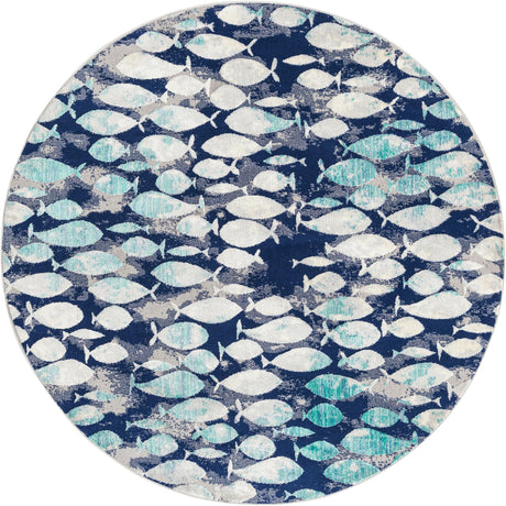 Blue 7' x 7' Ariel Round Area Rug 70% Polypropylene & 30% Polyester Easy Clean Living Room Bedroom Dining Office Carpet for Sale at Rug Engine