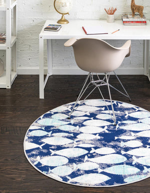 Blue 7' x 7' Ariel Round Area Rug 70% Polypropylene & 30% Polyester Easy Clean Living Room Bedroom Dining Office Carpet for Sale at Rug Engine
