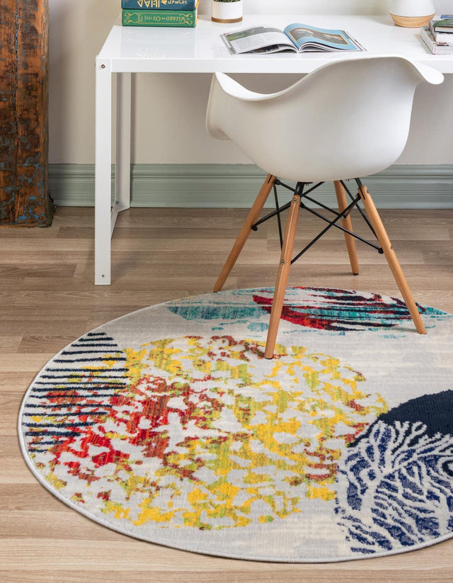 Multicolor 7' x 7' Ariel Round Area Rug 70% Polypropylene & 30% Polyester Easy Clean Living Room Bedroom Dining Office Carpet for Sale at Rug Engine