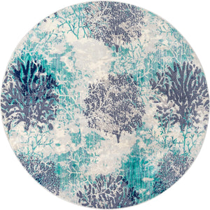 Blue 7' x 7' Ariel Round Area Rug 70% Polypropylene & 30% Polyester Easy Clean Living Room Bedroom Dining Office Carpet for Sale at Rug Engine