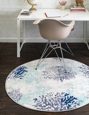 Blue 7' x 7' Ariel Round Area Rug 70% Polypropylene & 30% Polyester Easy Clean Living Room Bedroom Dining Office Carpet for Sale at Rug Engine
