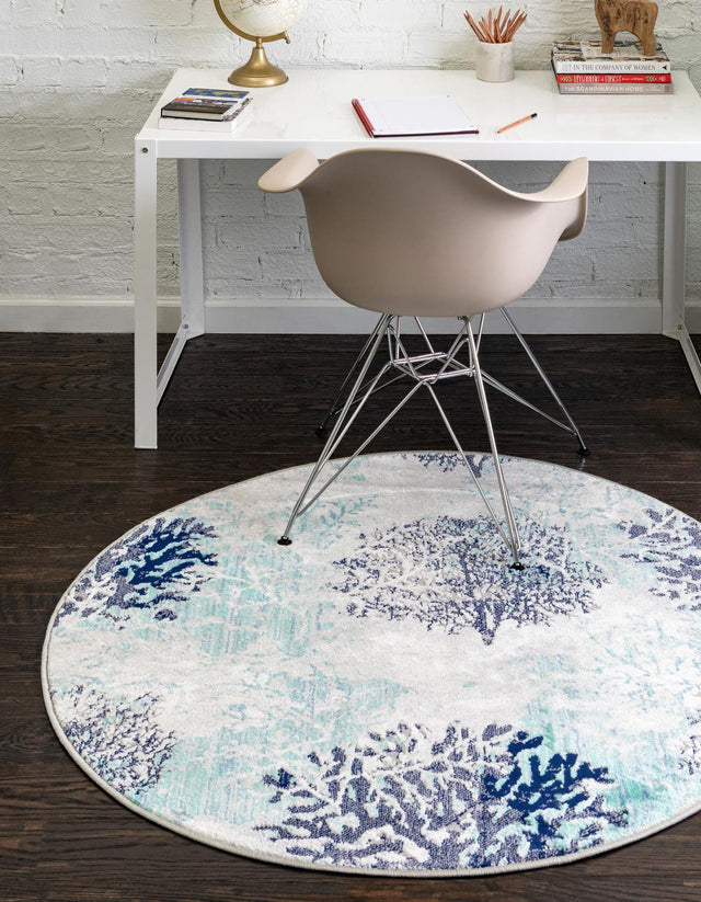 Blue 7' x 7' Ariel Round Area Rug 70% Polypropylene & 30% Polyester Easy Clean Living Room Bedroom Dining Office Carpet for Sale at Rug Engine