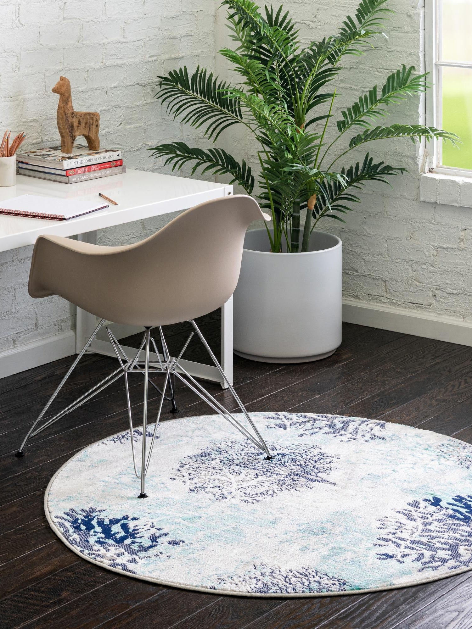 Blue 7' x 7' Ariel Round Area Rug 70% Polypropylene & 30% Polyester Easy Clean Living Room Bedroom Dining Office Carpet for Sale at Rug Engine